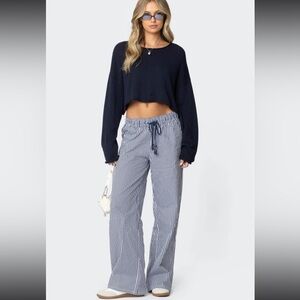 Edikted Navy Cropped Sweater and Striped Pants Set